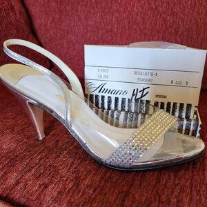 Amano Stardust Evening Shoes, Silver with Rhinestones, Size 8.5 B